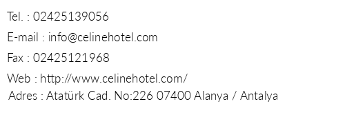 Kleopatra Celine Hotel telefon numaralar, faks, e-mail, posta adresi ve iletiim bilgileri